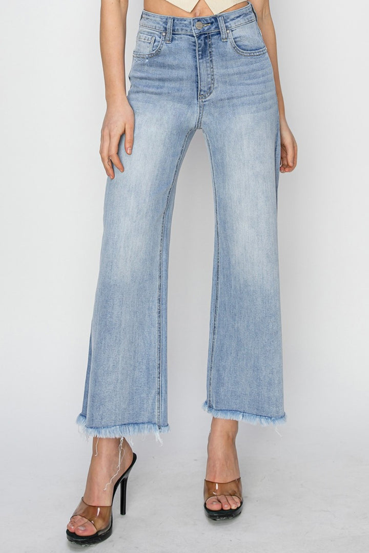 RISEN High Rise Crop Wide Fray Hem Jeans In Light Wash