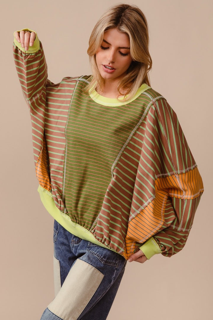 BiBi Color Block Striped Round Neck Sweatshirt In Olive