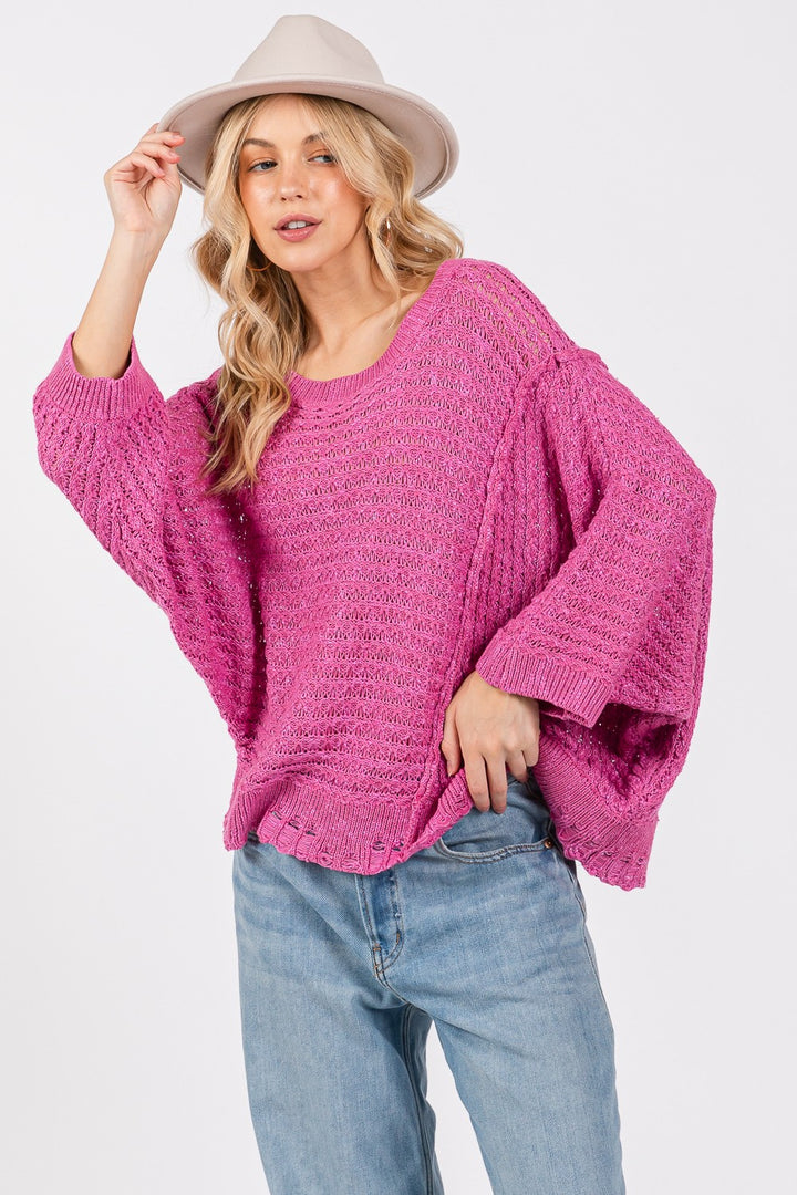 SAGE + FIG Distressed Asymmetrical Open Stitch Sweater In Magenta