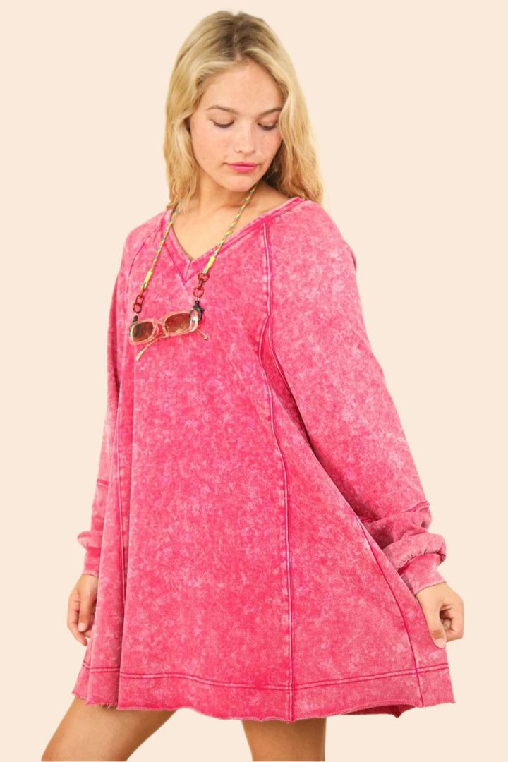 VERY J Mineral Washed Oversized A-Line Mini Dress In Magenta