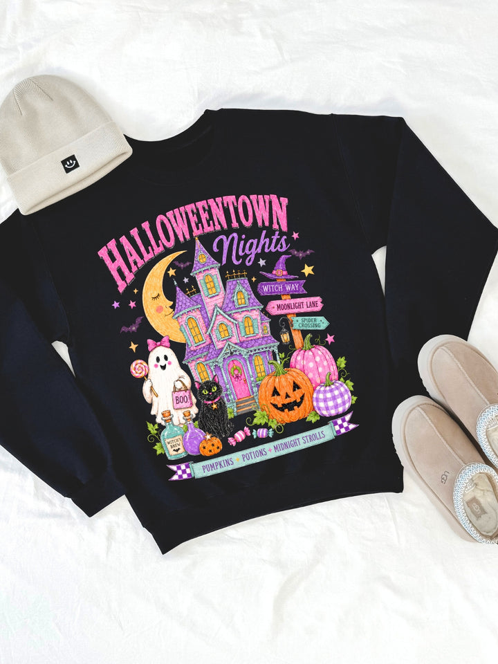 Retro Preppy Halloween Town Nights Graphic Crewneck Sweatshirt