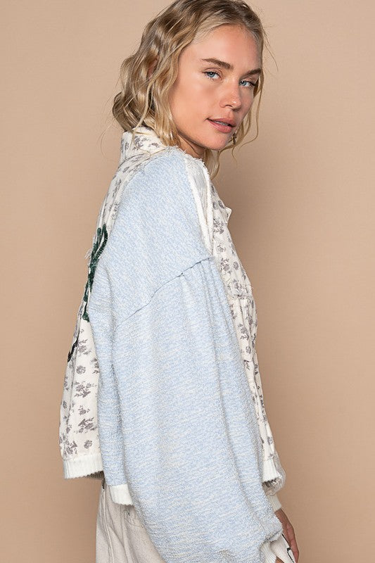 POL Printed Drop Shoulder Button Up Jacket In Cream