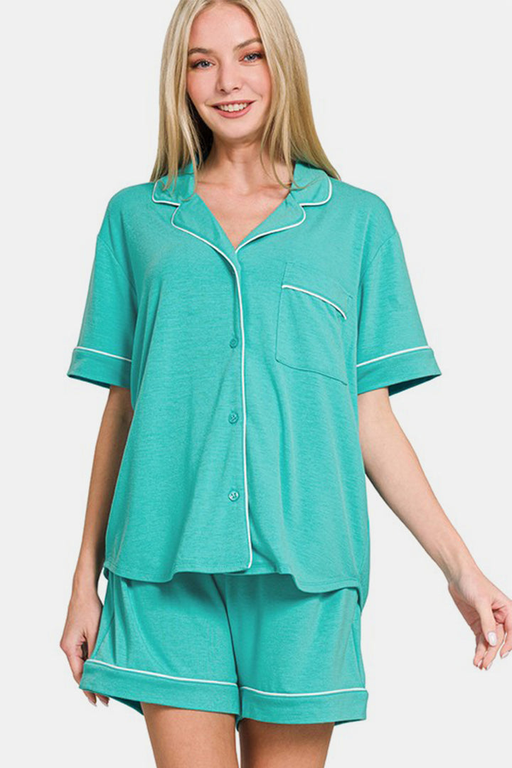 Zenana Button Down Top and Shorts Lounge Set In Turquoise