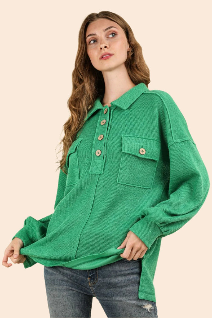 VERY J Collared Half Button Knit Top with Pockets In Green