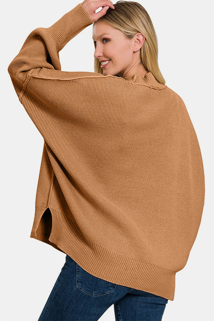 Zenana Side Sit Oversize Sweater In Deep Camel