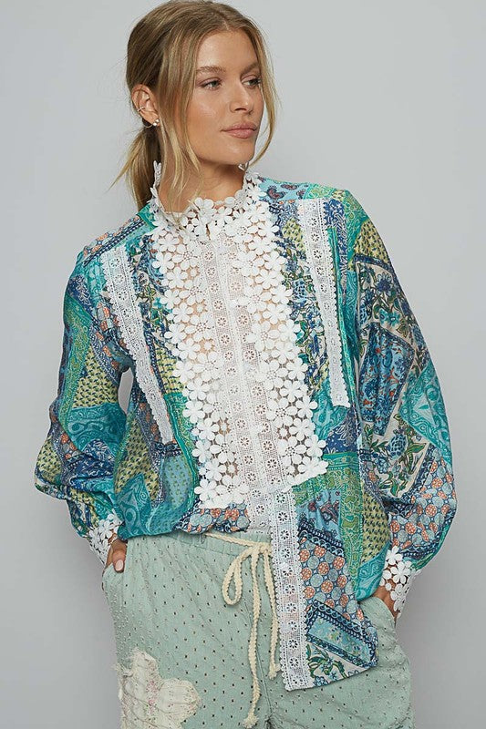 POL Lace Detail Printed Button Down Blouse In Teal