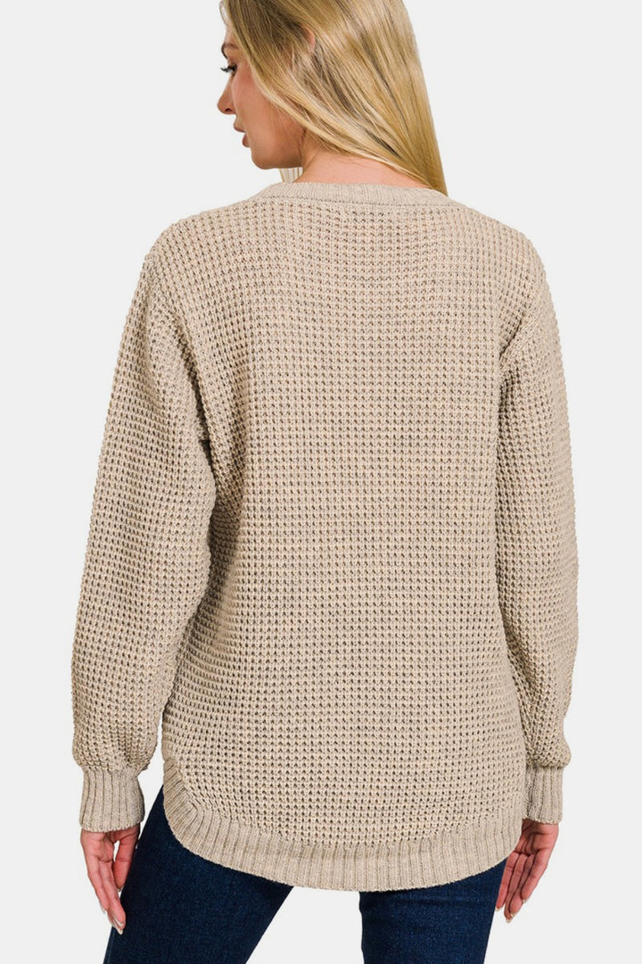 Zenana High Low Waffle Sweater In H Beige