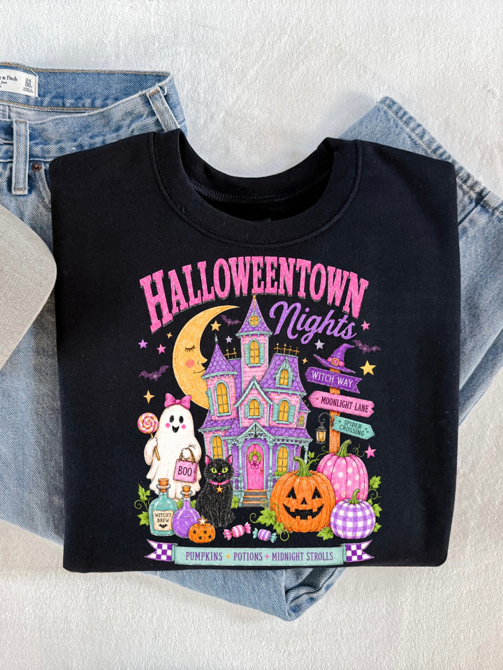 Retro Preppy Halloween Town Nights Graphic Crewneck Sweatshirt