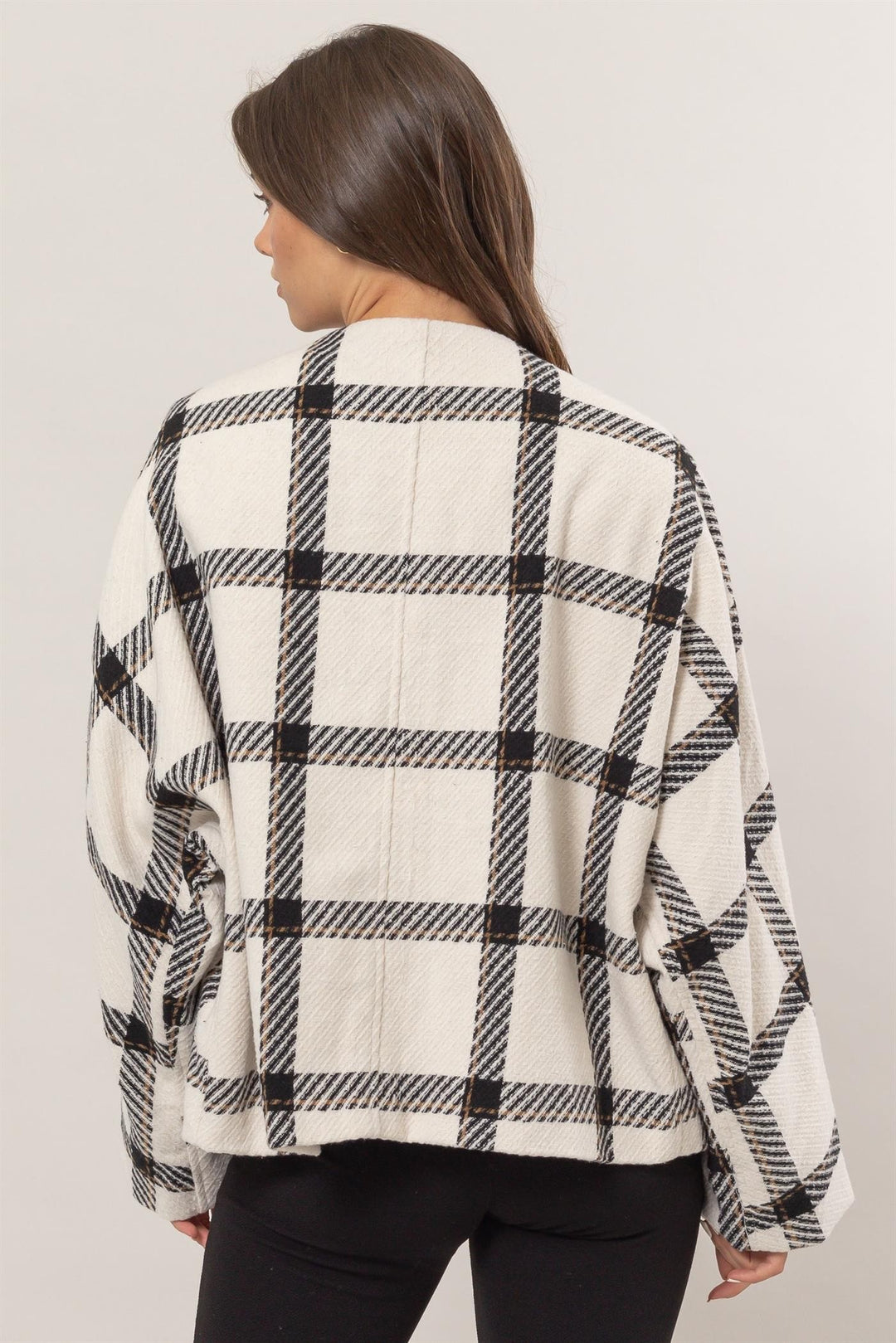 HYFVE Plaid Long Sleeve Jacket with Side Slit Pockets In Cream