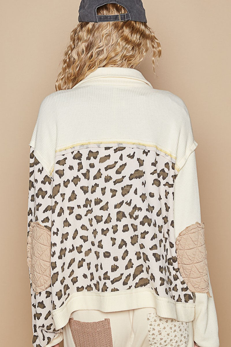 POL Leopard Exposed Seam Button Up Quilted Jacket In Cream