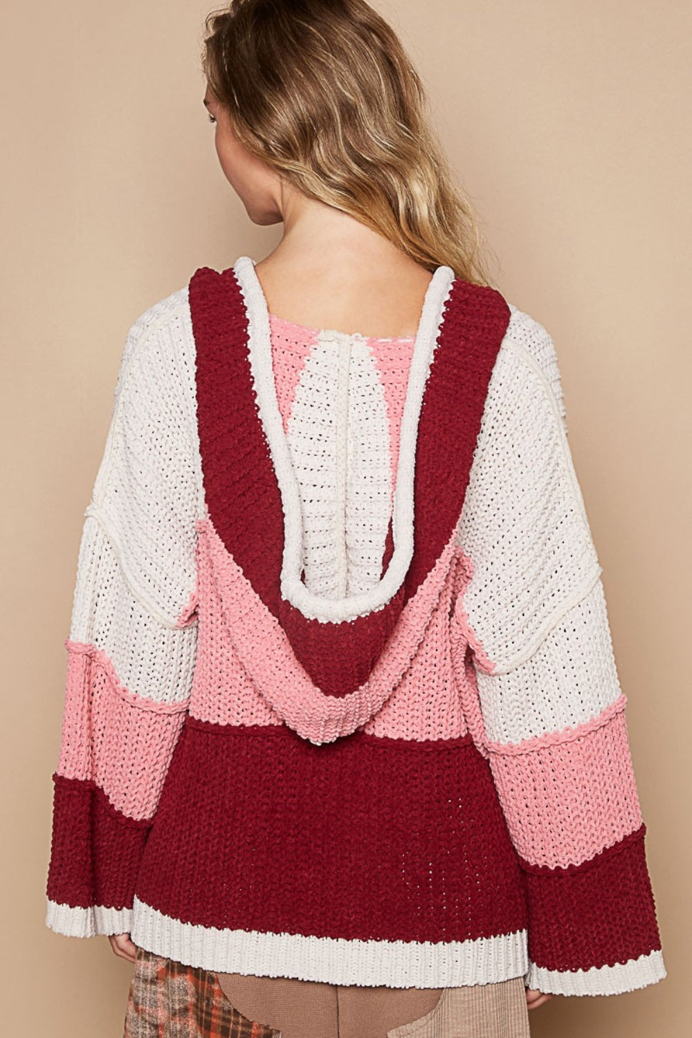 POL Color Block Long Sleeve Hooded Sweater In Pink Burgundy Multi