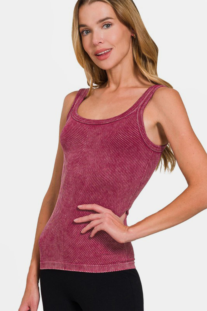 Zenana Ribbed Scoop Neck Tank In Burgundy