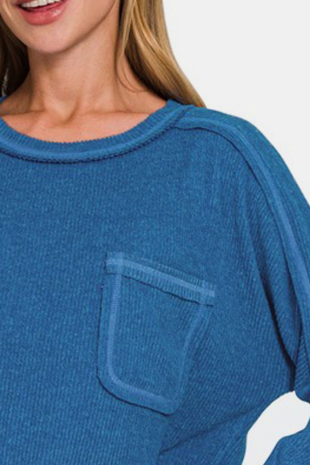 Zenana Brushed Ribbed Hacci Knit Top In Royal Blue