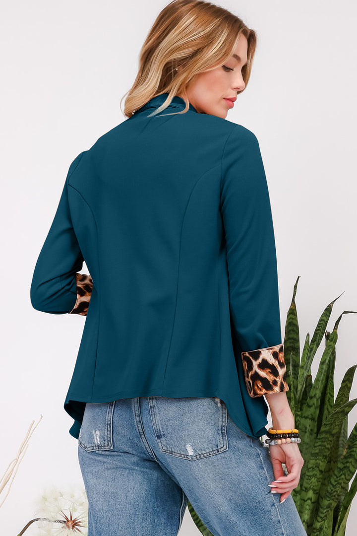 Leopard Cuff Open Front Blazer In Green