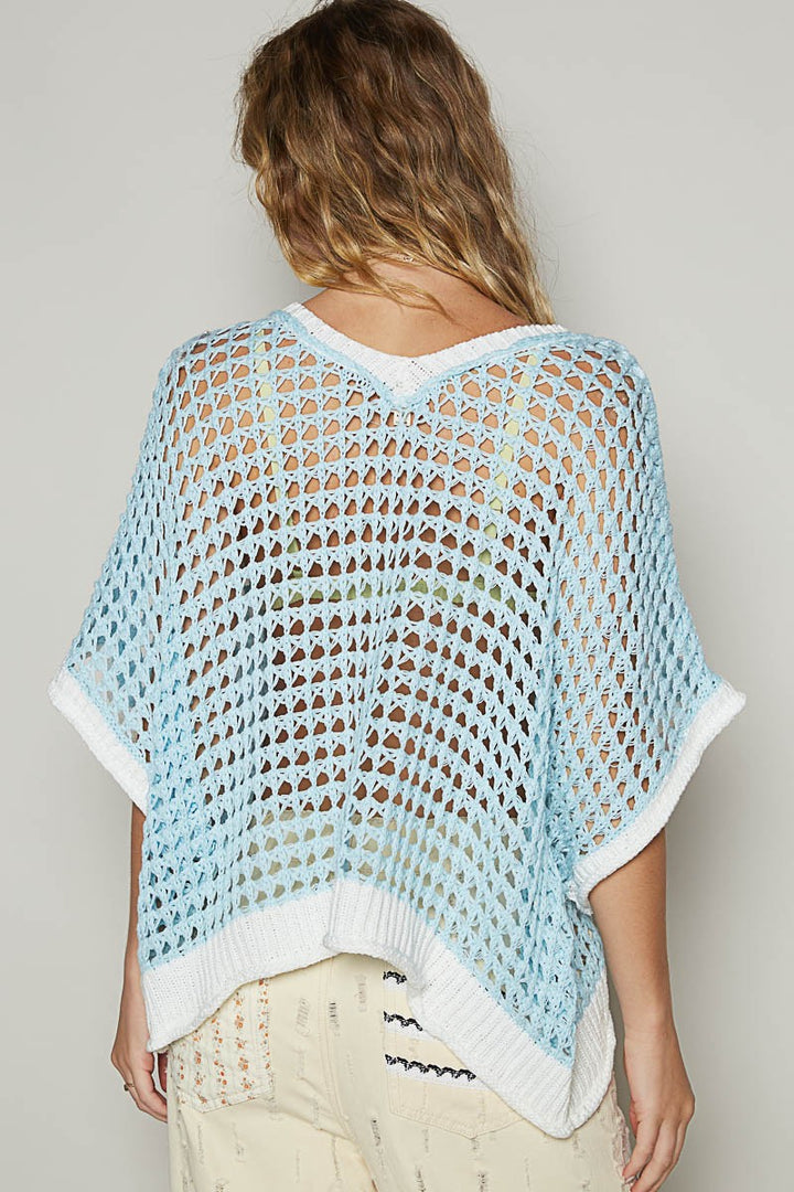 POL Hollow Out Flower Knit Cover Up In Pastel Blue