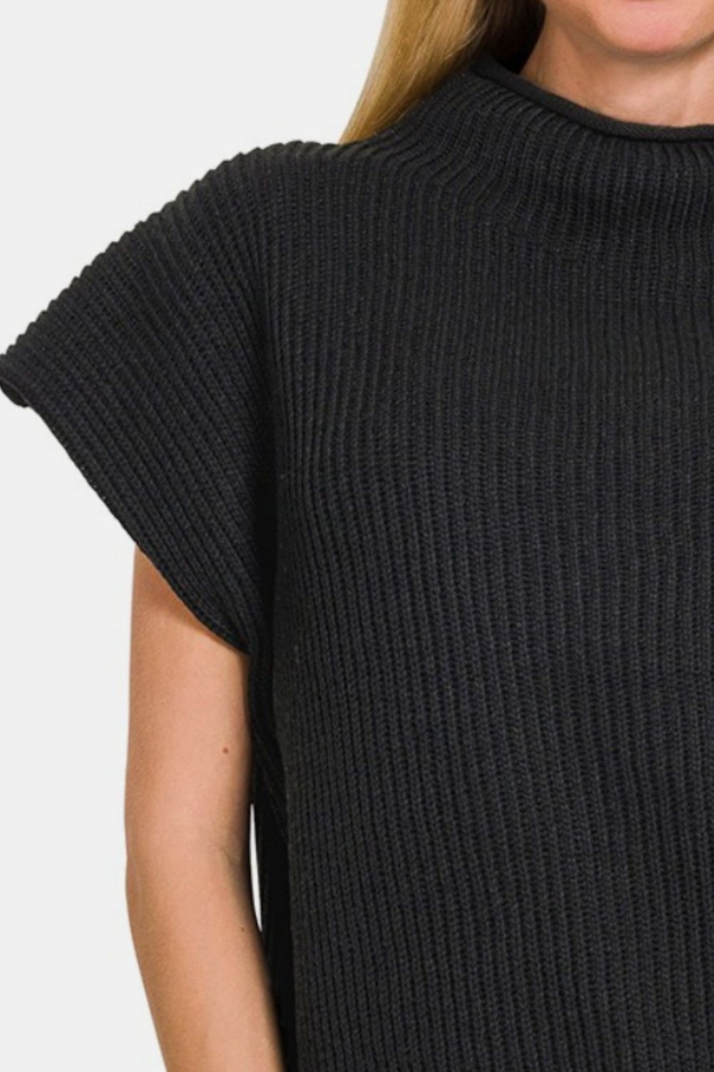 Zenana Short Sleeve Mock Neck Sweater In Black