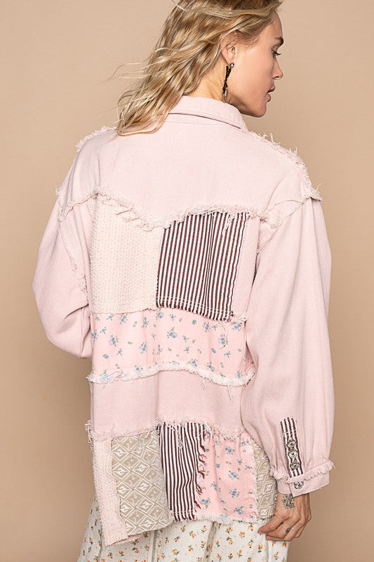 POL Raw Hem Patchwork Jacket In Blush Pink