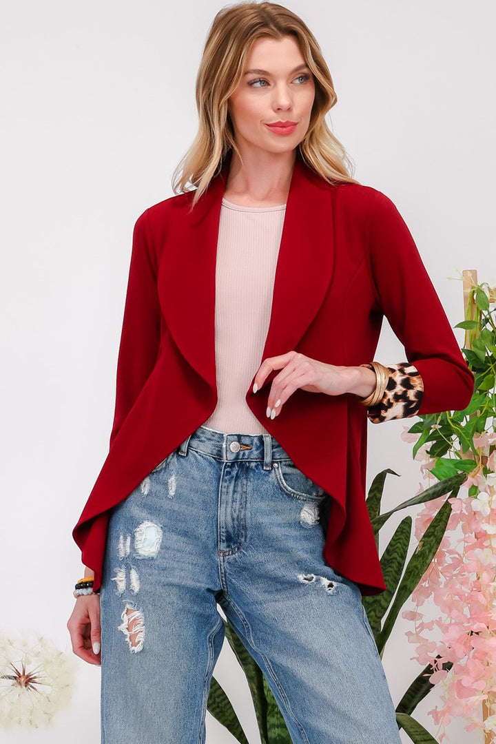 Leopard Cuff Open Front Blazer In Burgundy