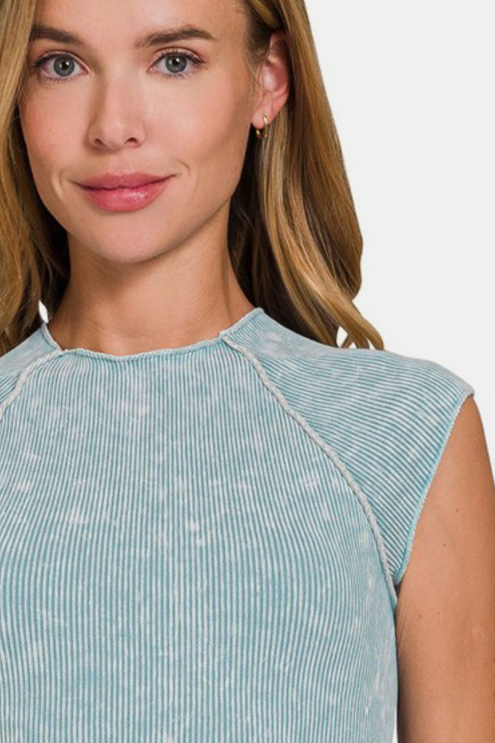 Zenana Ribbed Cropped Top In Blue Grey