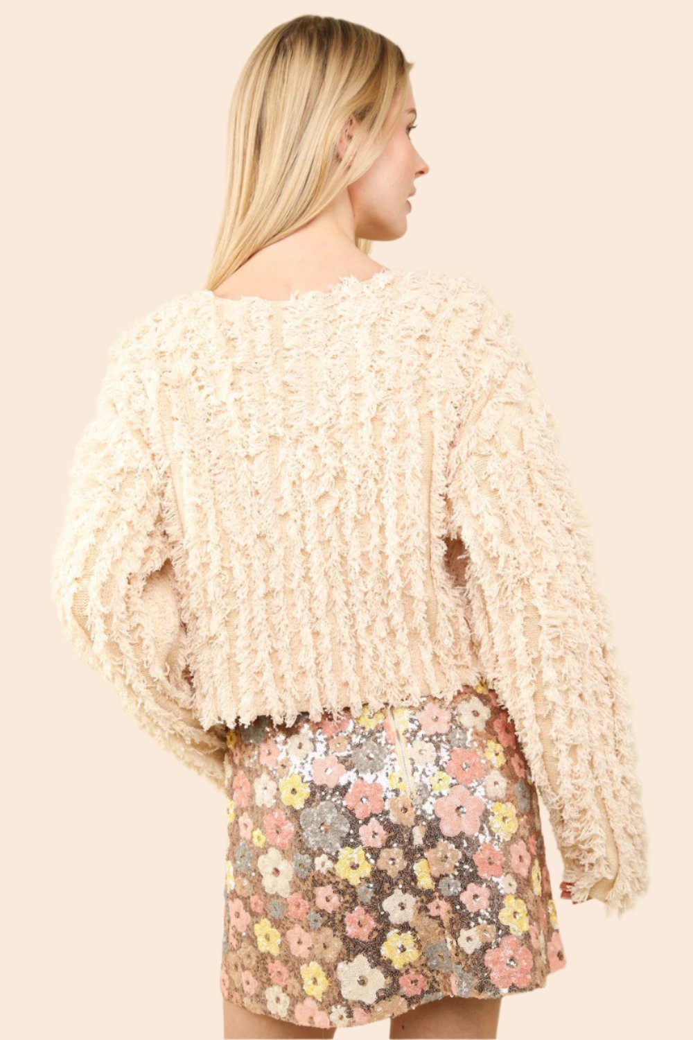 VERY J Shaggy Yarn Knit Zip Up Jacket In Cream