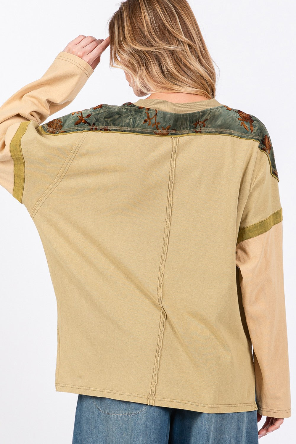 SAGE + FIG Star Patch Long Sleeve Color Block Top In Olive