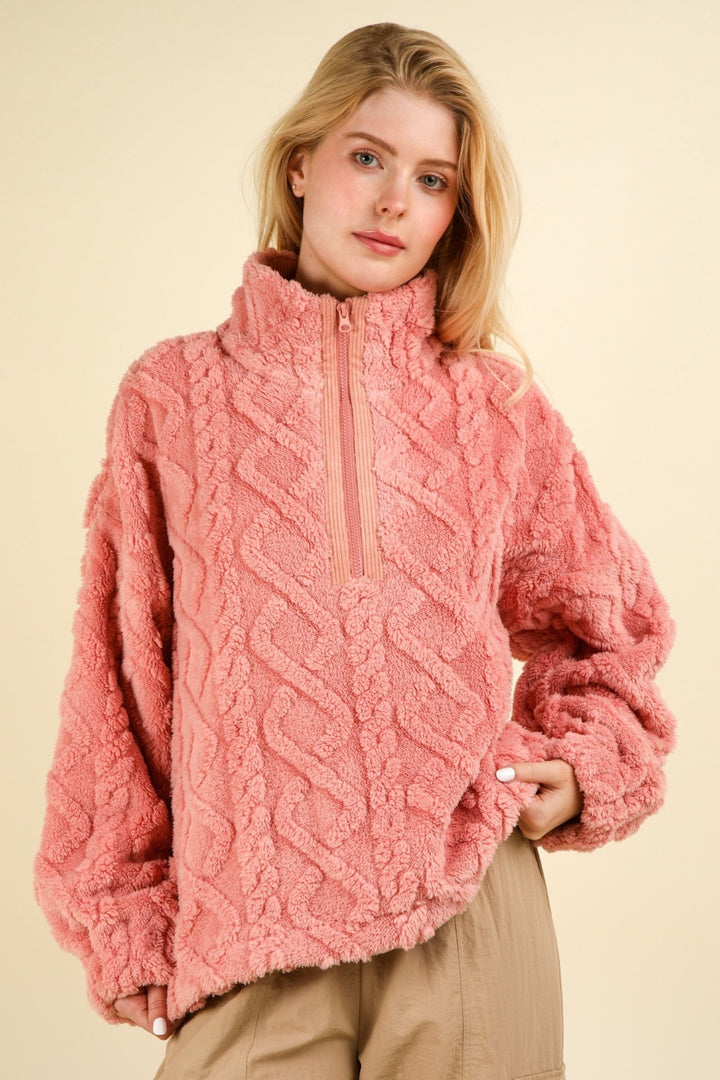 VERY J Fuzzy Fleece Half Zip Cable Pattern Sweatshirt In Blush