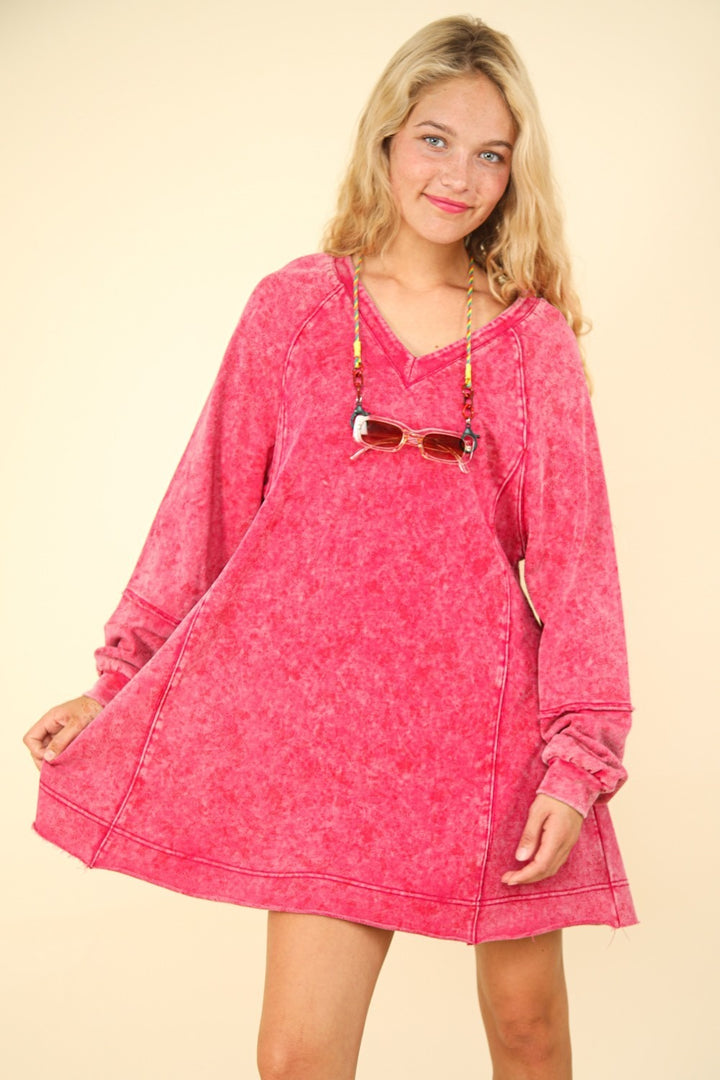 VERY J Mineral Washed Oversized A-Line Mini Dress In Magenta