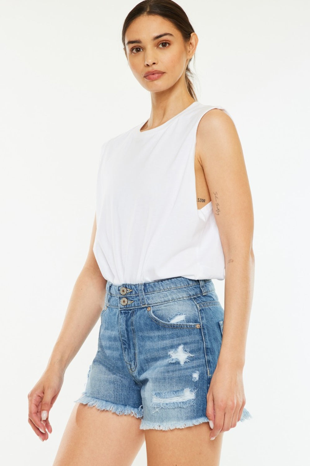 Kancan Grace High Rise Raw Hem Denim Shorts