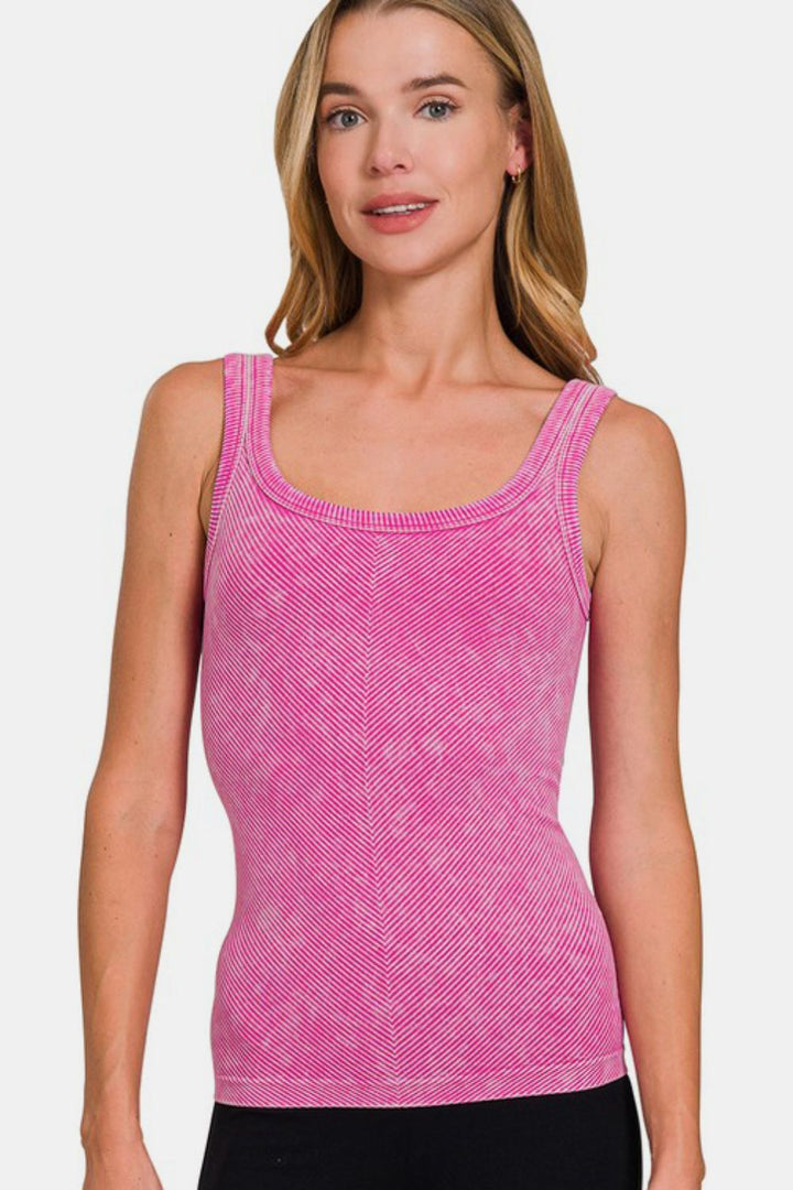 Zenana Ribbed Scoop Neck Tank In Hot Pink