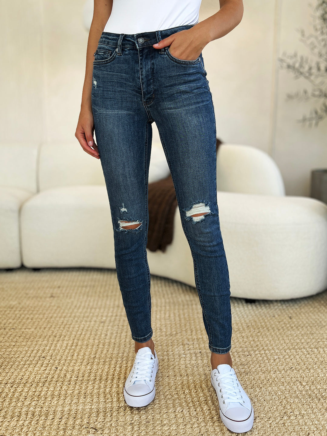 Judy Blue Versatile Mid Waist Distressed Slim Jeans