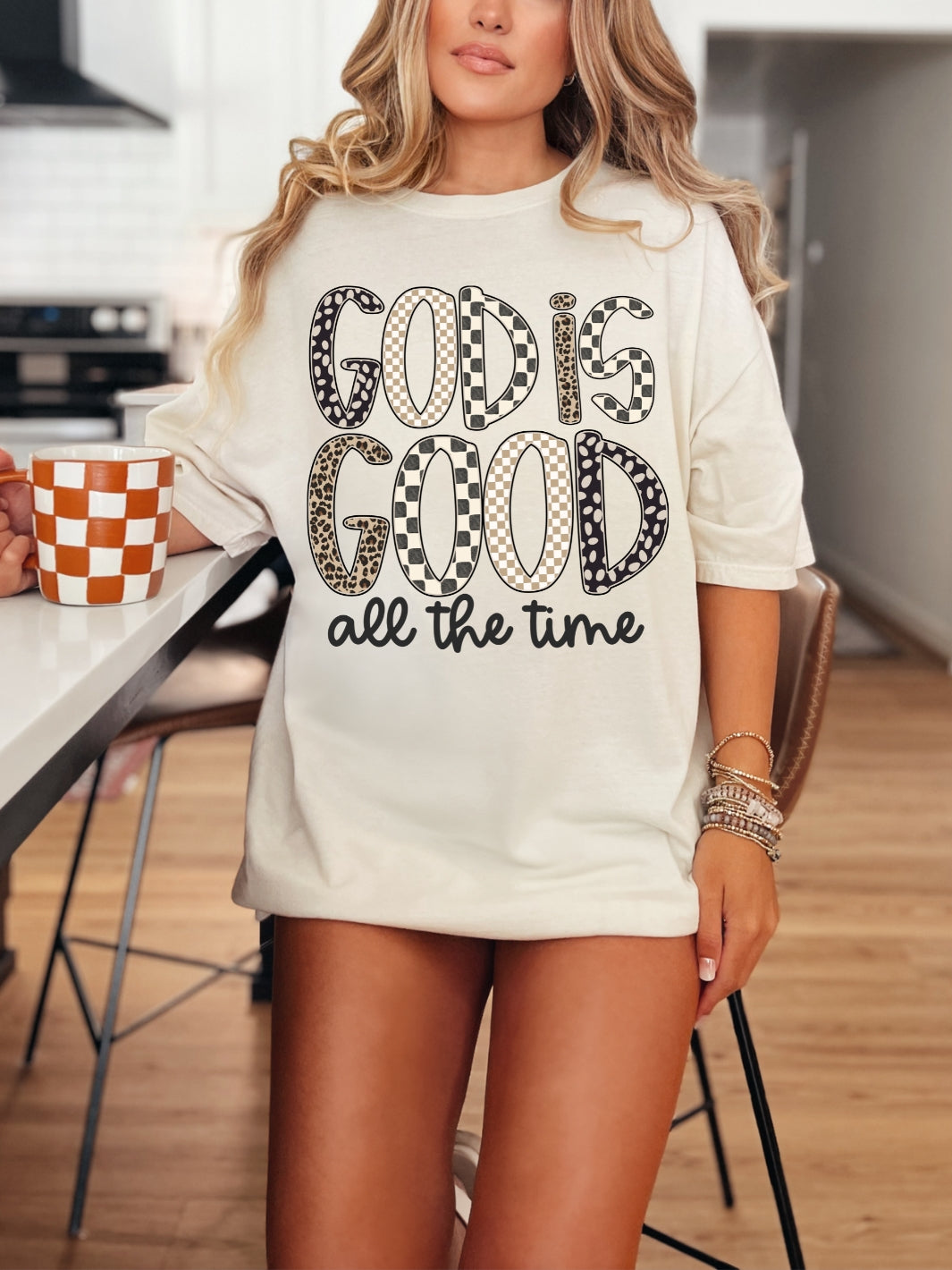 Comfort Colors God Is Good Checkered Leopard Print T-Shirt