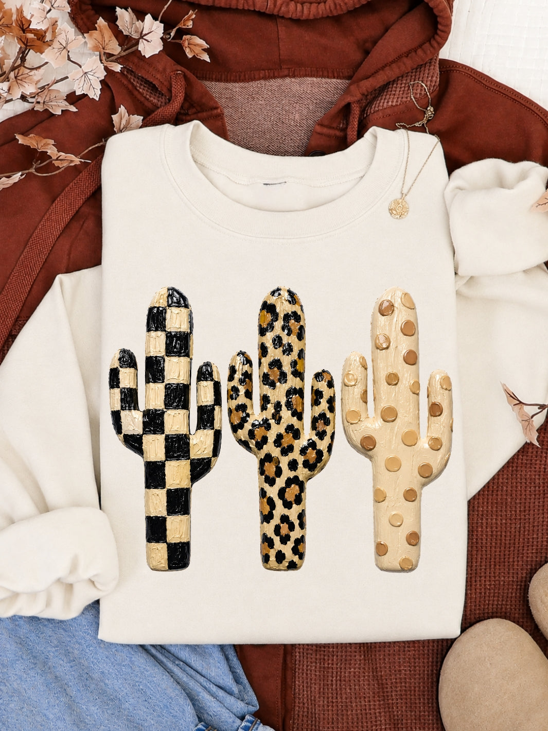 Western Retro Checkered Cactus Graphic Crewneck Sweatshirt