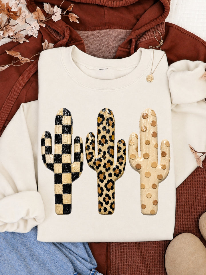 Western Retro Checkered Cactus Graphic Crewneck Sweatshirt