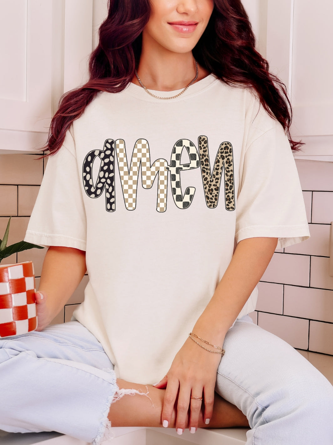 Comfort Colors Amen Checkered Leopard Print T-Shirt