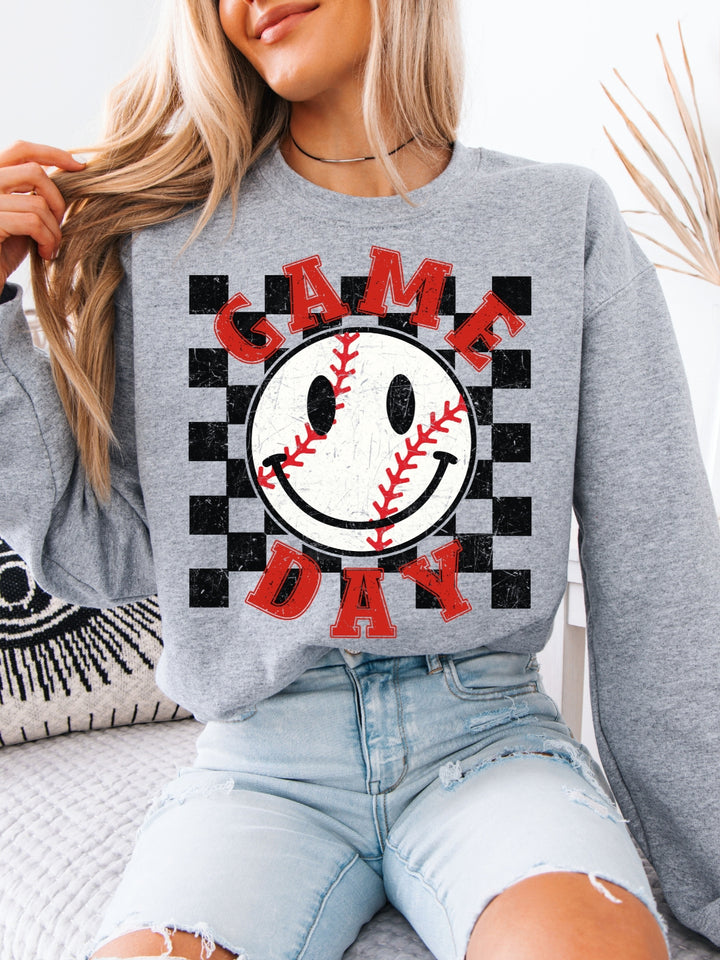 Checkered Baseball Smiley Game Day Sweatshirt