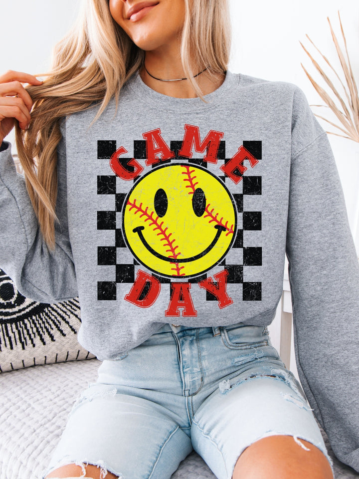 Checkered Softball Smiley Game Day Sweatshirt