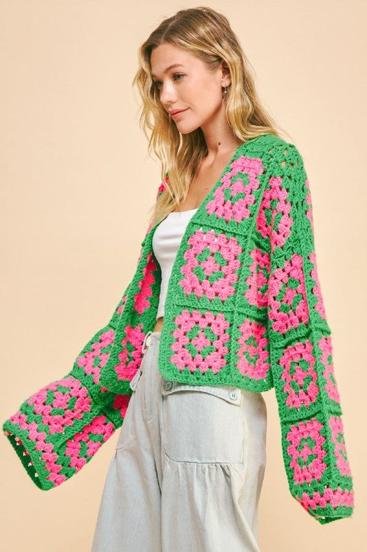 Davi & Dani Two Tone Flower Crochet Cardigan In Green