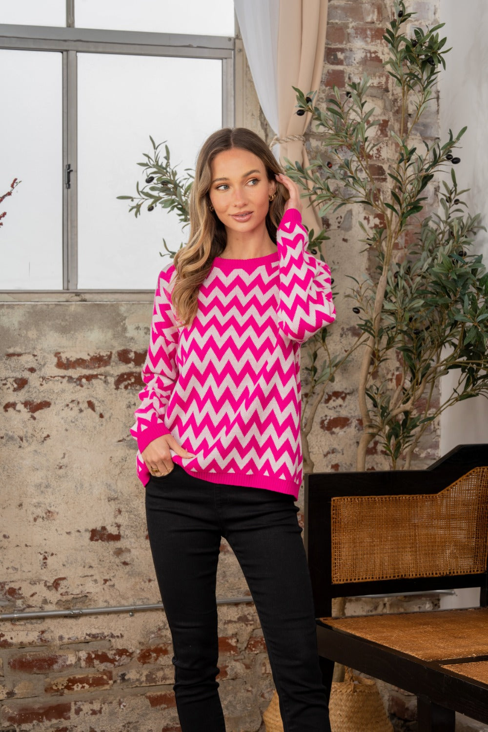 Sew In Love Wave Stripe Sweater In Fuchsia