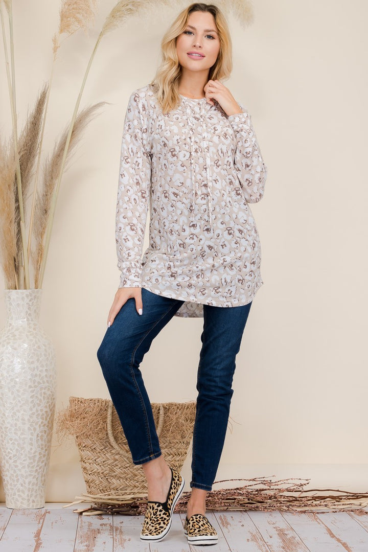 Celeste Drawstring Leopard Hooded Blouse In Beige