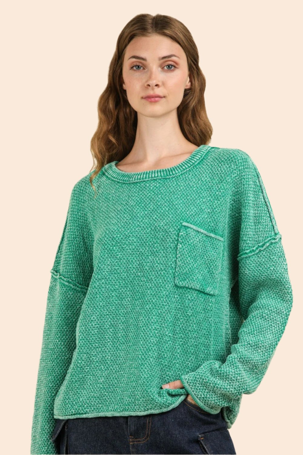 VERY J Mineral Washed Exposed Seam Sweater In Kelly Green