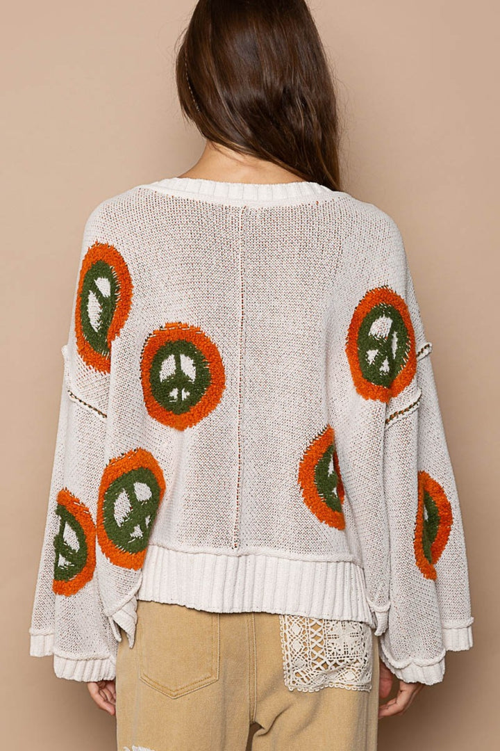 POL V Neck Long Sleeve Peace Pattern Sweater In Cream