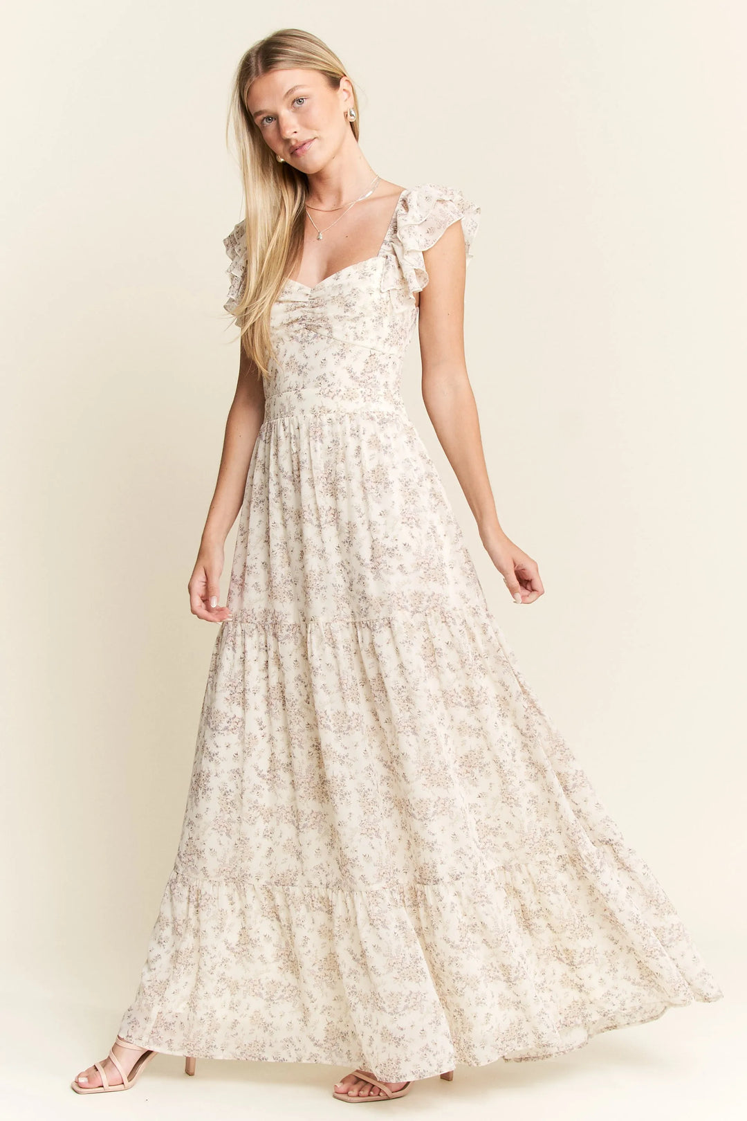 Jade By Jane Ruffle Sleeve Tiered Maxi Dress In Ivory