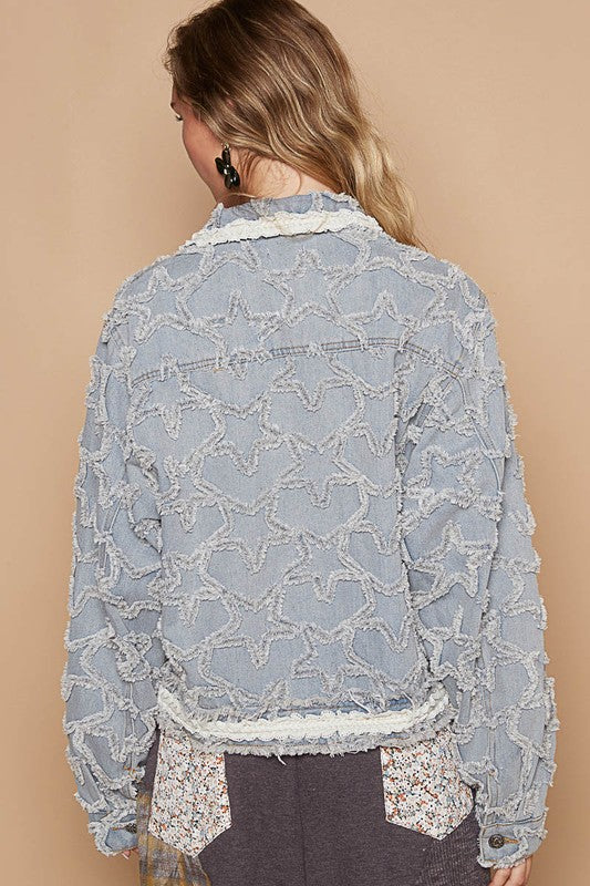 POL Star Textured Raw Hem Denim Jacket In Light