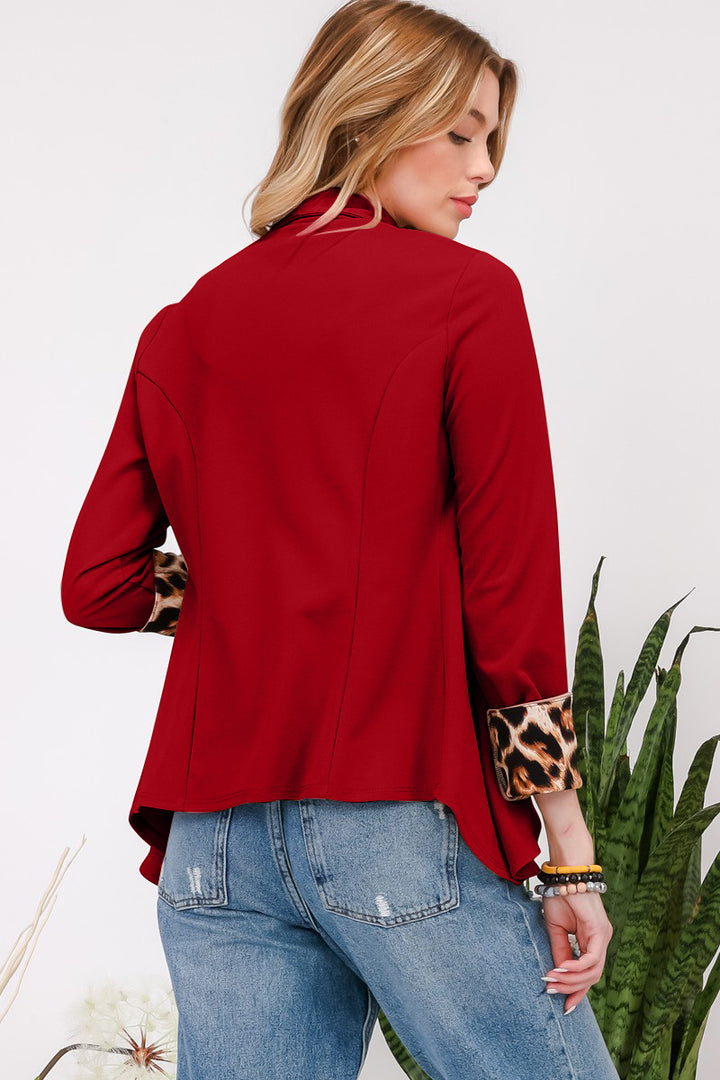 Leopard Cuff Open Front Blazer In Burgundy