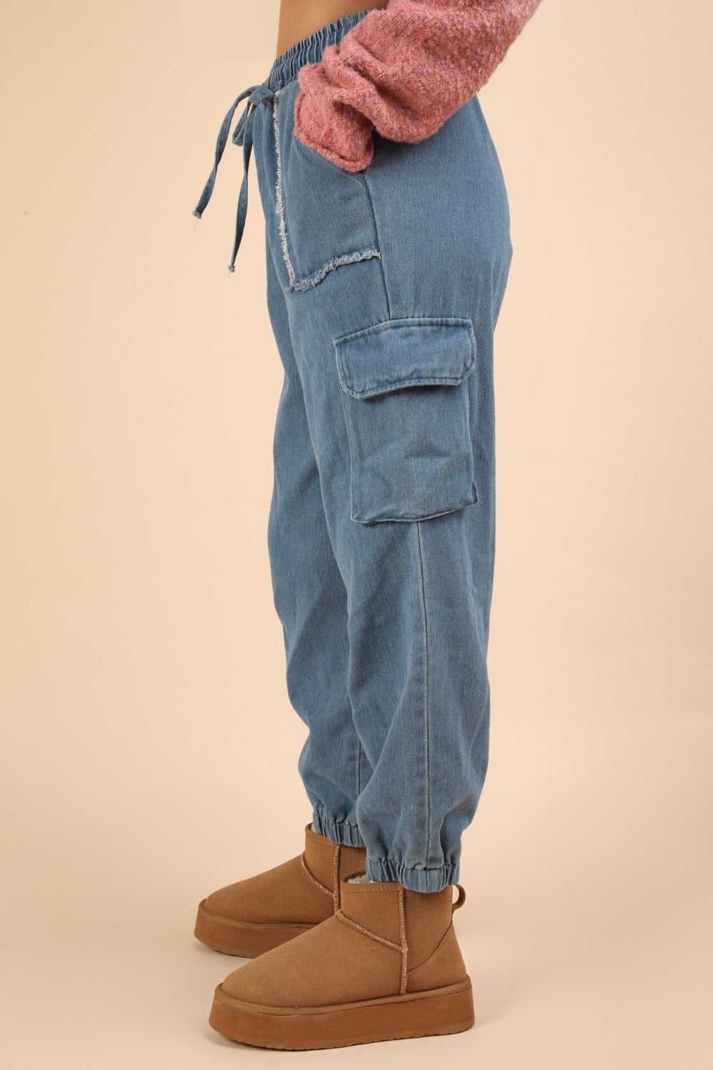 VERY J Washed Drawstring Jogger Cargo Jeans In Indigo