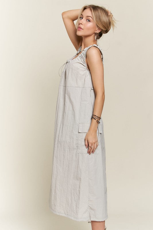 ADORA Drawstring Slit Back Cargo Dress In Lt Grey