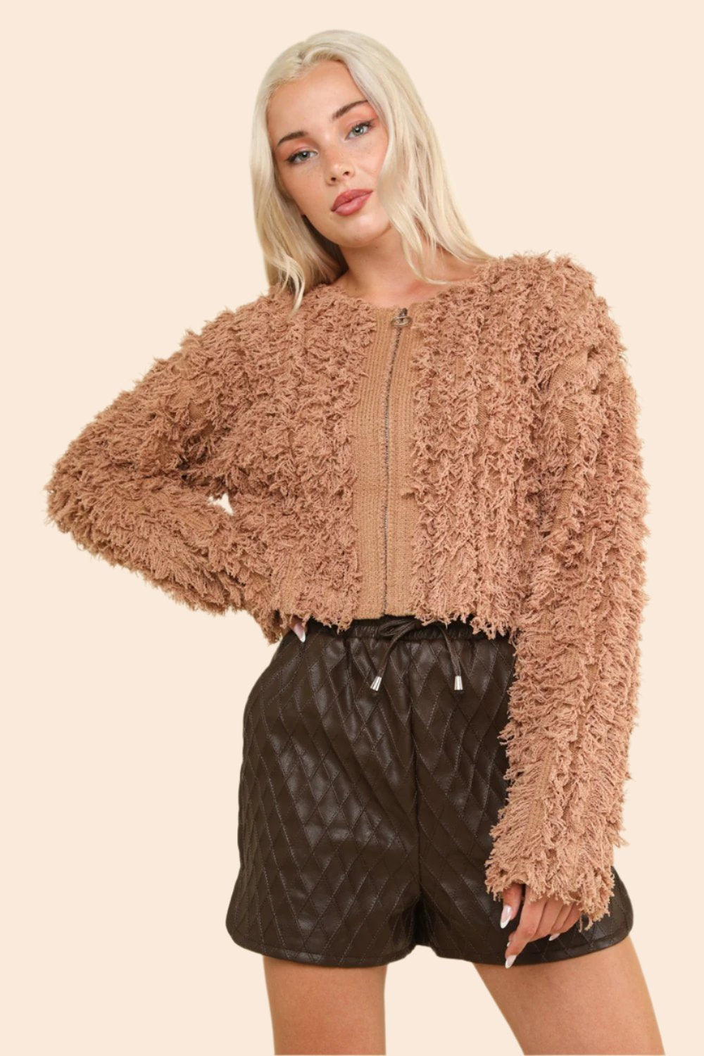 VERY J Shaggy Yarn Knit Zip Up Jacket In Mocha