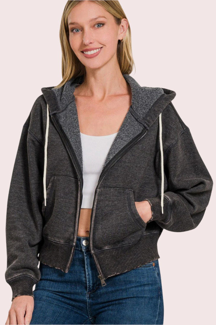 Zenana Acid Wash Fleece Zip-Up Cropped Hoodie In Black