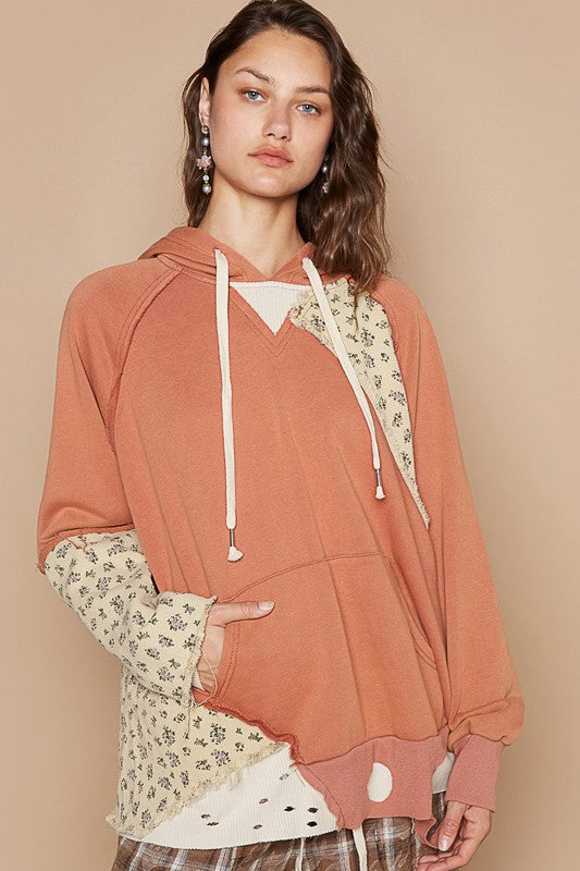 POL Floral Patchwork Distressed Hoodie In Ochre