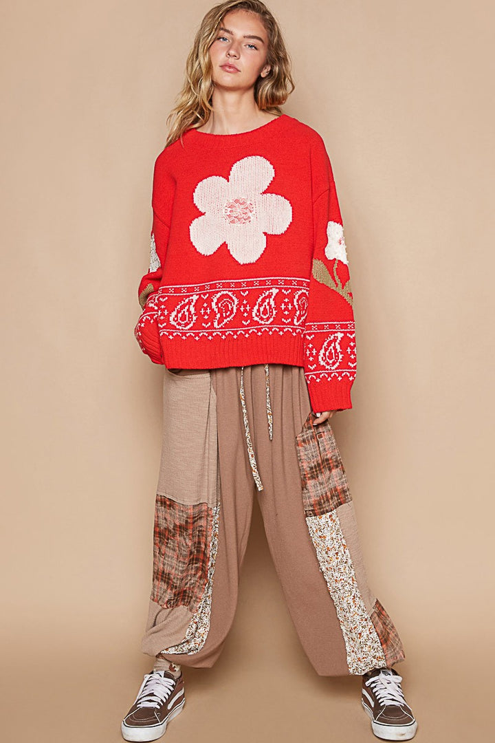 POL Flower Lace Patch Long Sleeve Sweater In Red